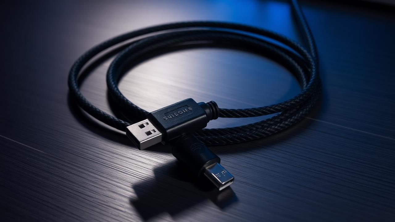 Coiled custom keyboard cable with connector on a dark metal surface