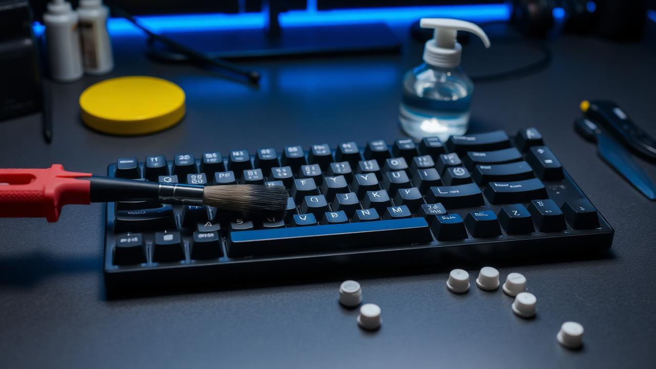 Keycap puller, brush and cleaning supplies beside a partially disassembled keyboard