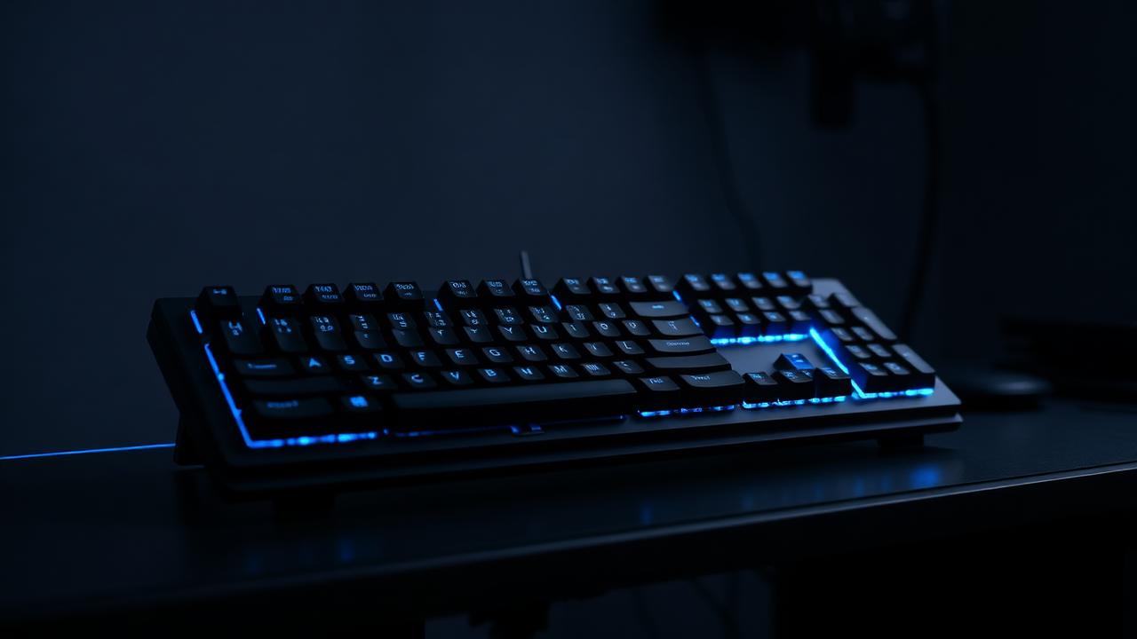 Mechanical keyboard positioned on a desk in a low-light workspace