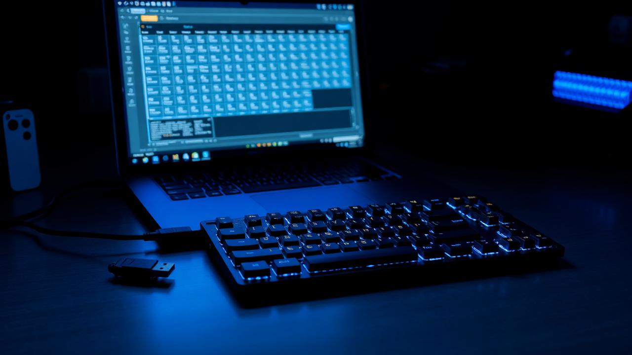 Keyboard connected to a laptop showing a keymap configurator grid