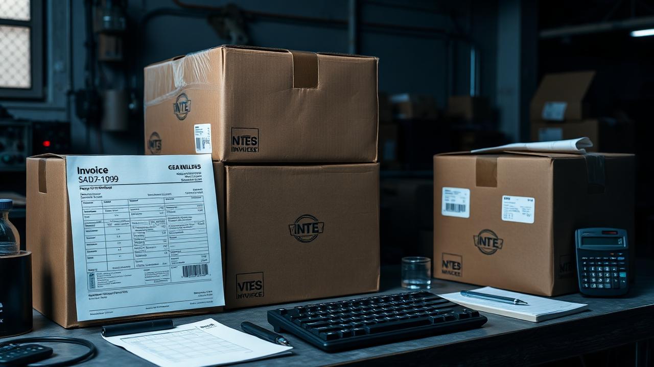 Shipping boxes and keyboard components with an invoice on a workshop bench