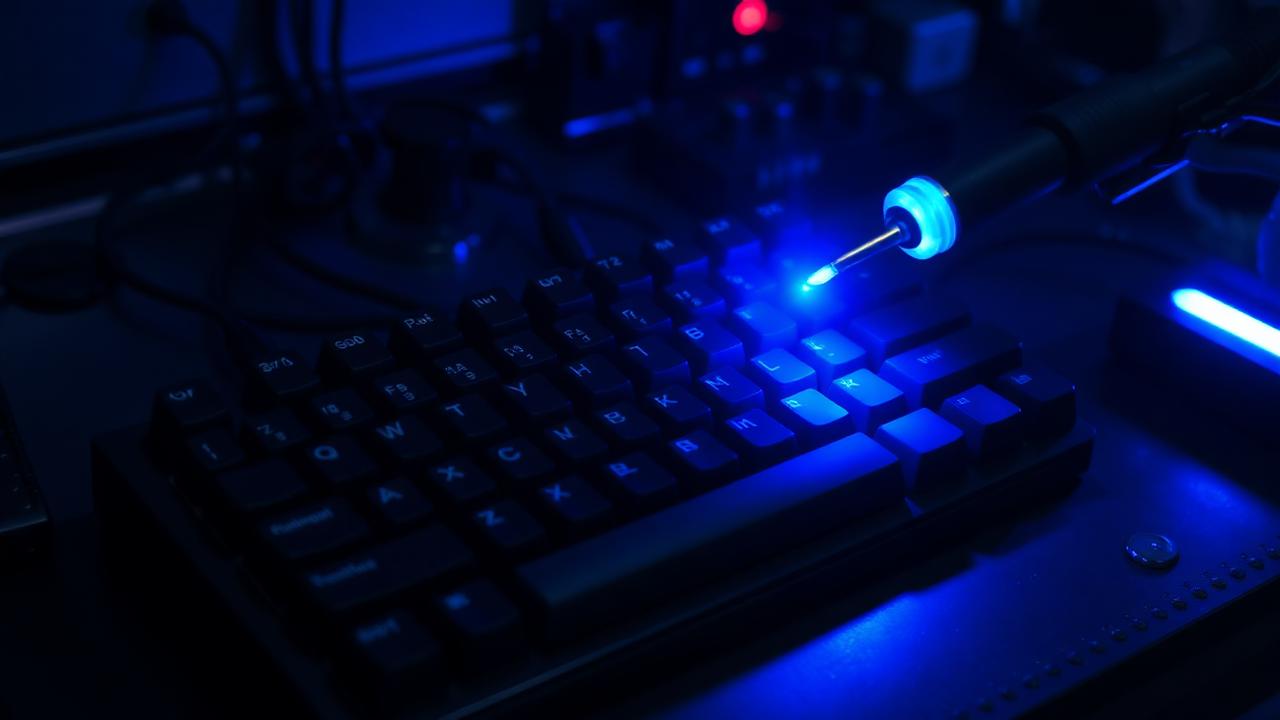 Hot-swap keyboard PCB with sockets and a soldering iron on a workbench