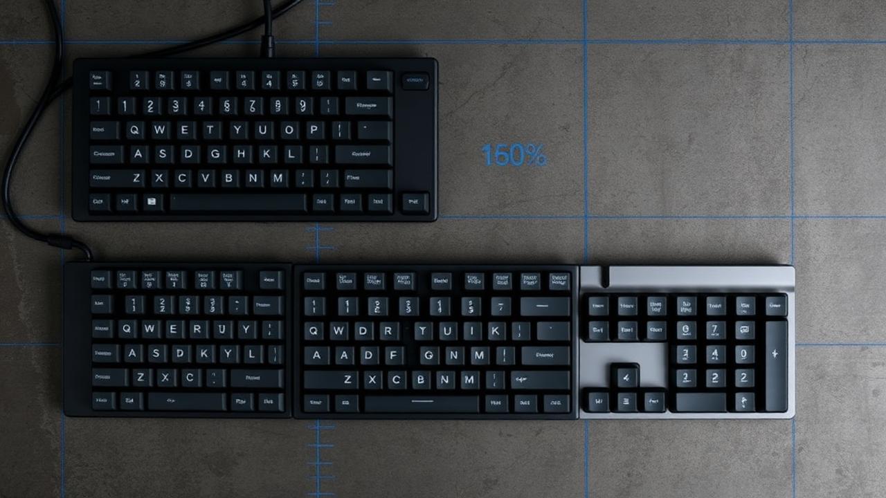 Three mechanical keyboard layouts compared from above on a grey surface