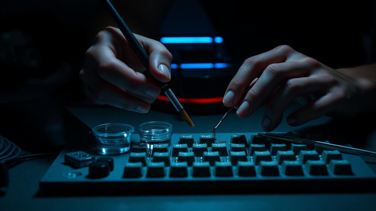 Hands applying lubricant to keyboard switch components with a fine brush