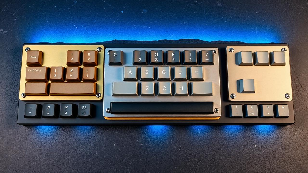 Keyboard switch plates in brass, aluminium, polycarbonate and FR4 laid out on dark slate