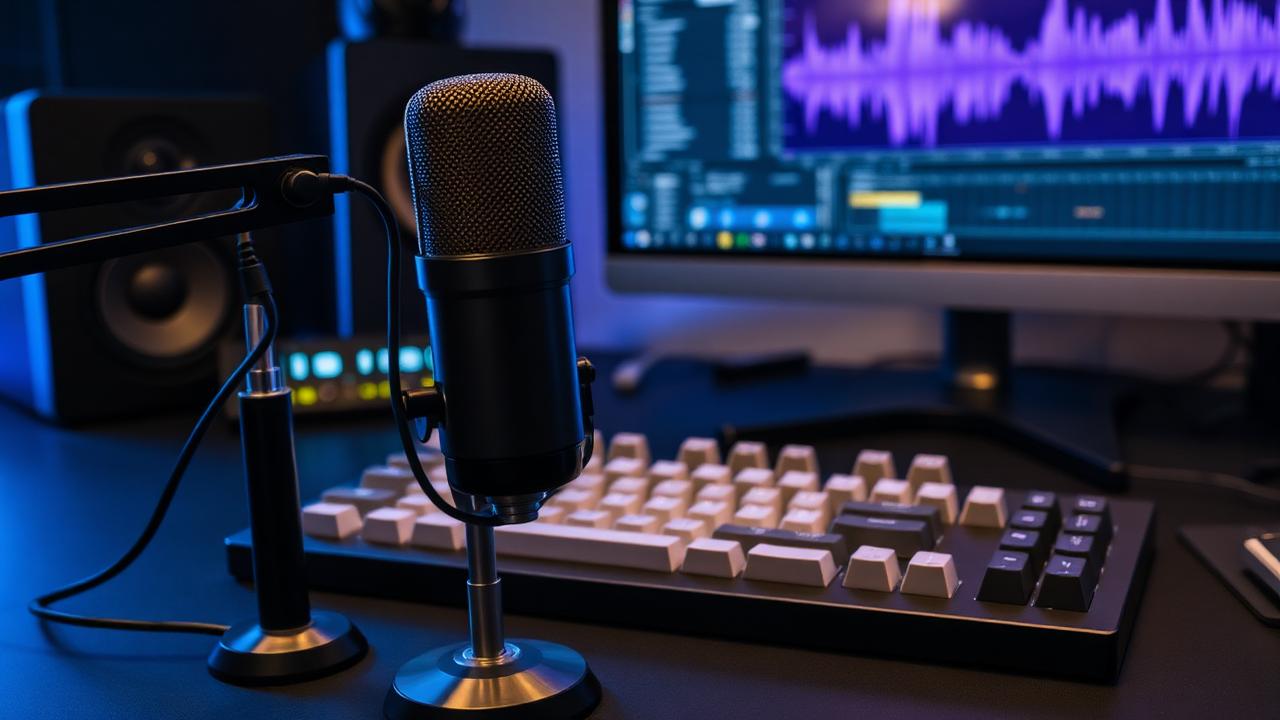 Studio microphone in front of a mechanical keyboard with a waveform on screen