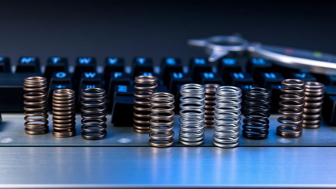 Assorted mechanical keyboard springs of different lengths on a metallic tray