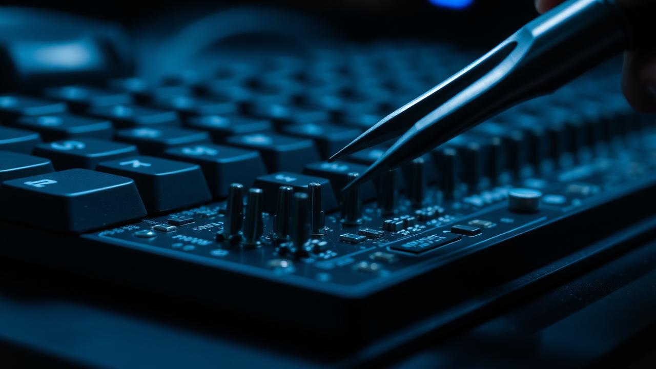 Keyboard stabilizer being adjusted with tweezers on a PCB