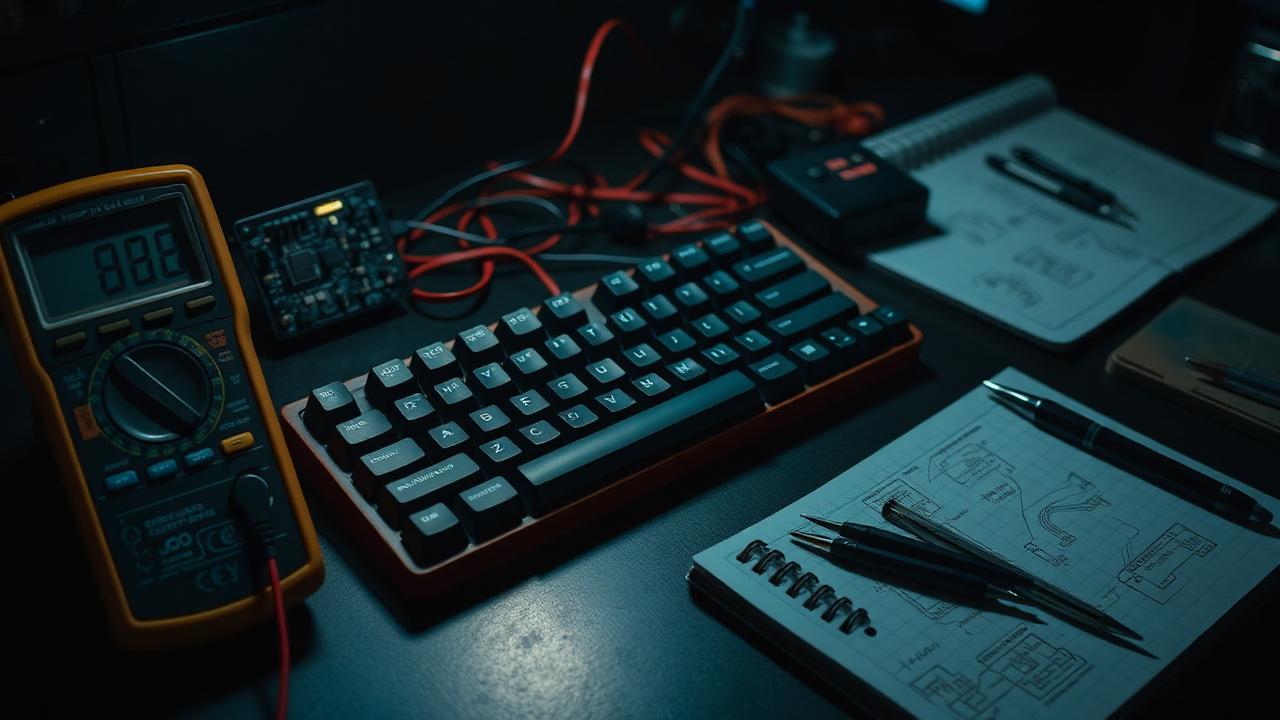 Keyboard repair bench with multimeter, PCB and hand-drawn diagrams