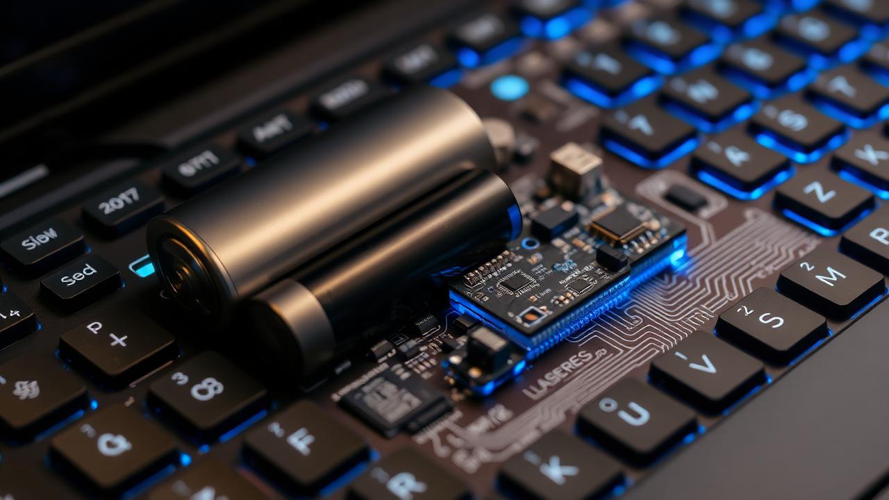 Wireless keyboard interior showing a battery pack and radio module on the PCB